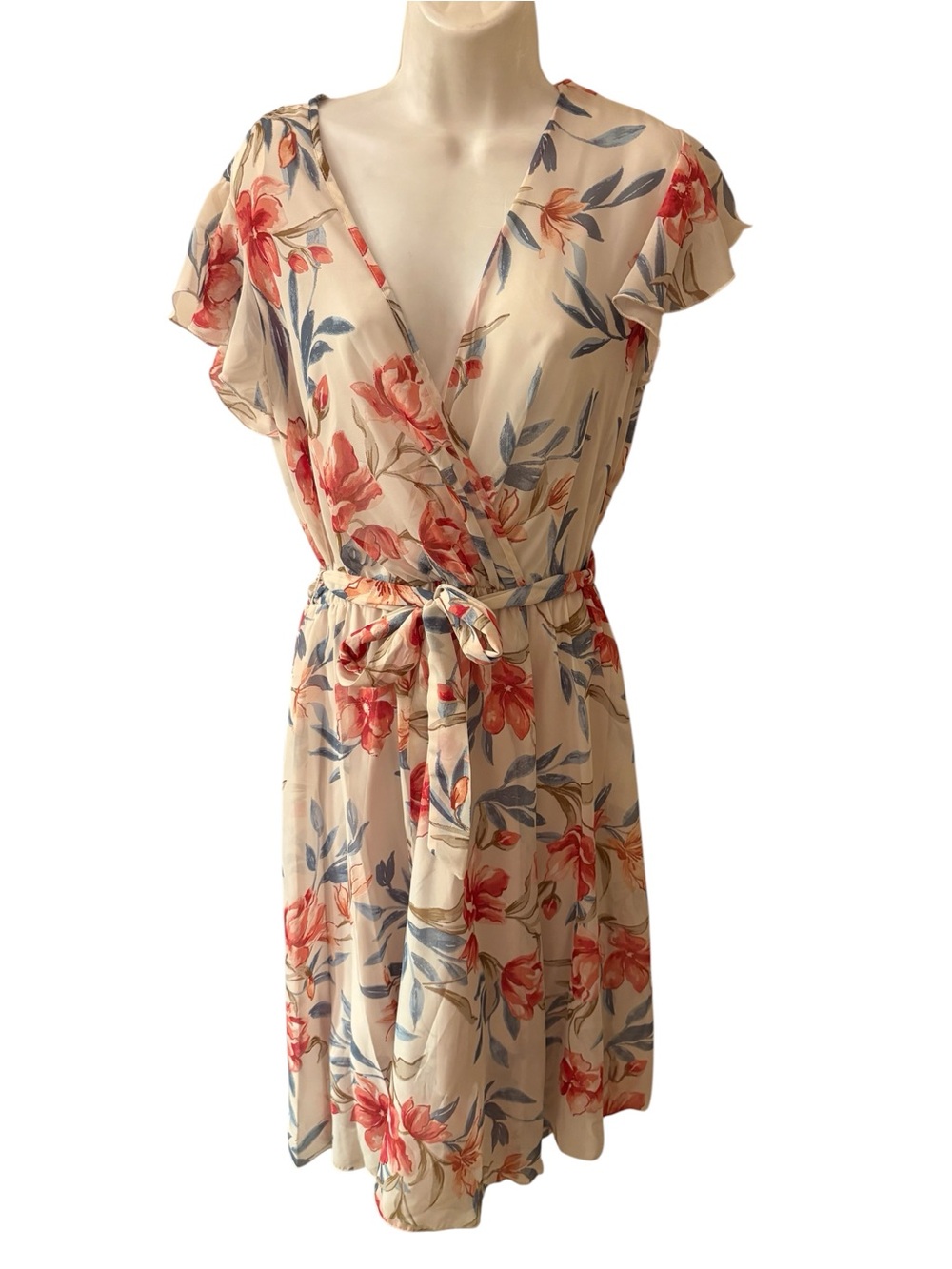 Enfocus Studio Cream Floral Faux Wrap Midi Dress with Coral & Blue Accents